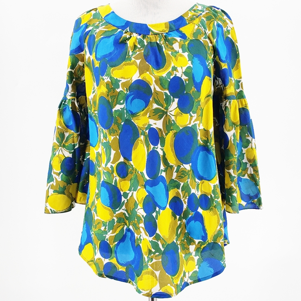 Rebecca Taylor Silk Geometric Top Green Yellow Blue Size 2